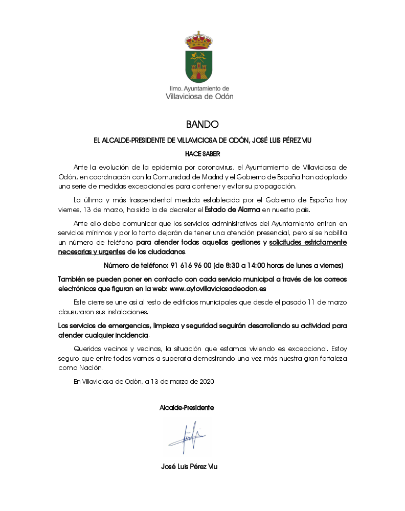  Imagen Medidas para combatir el coronavirus: el alcalde dicta un bando anunciando que el Ayuntamiento dejará de tener atención presencial desde el lunes