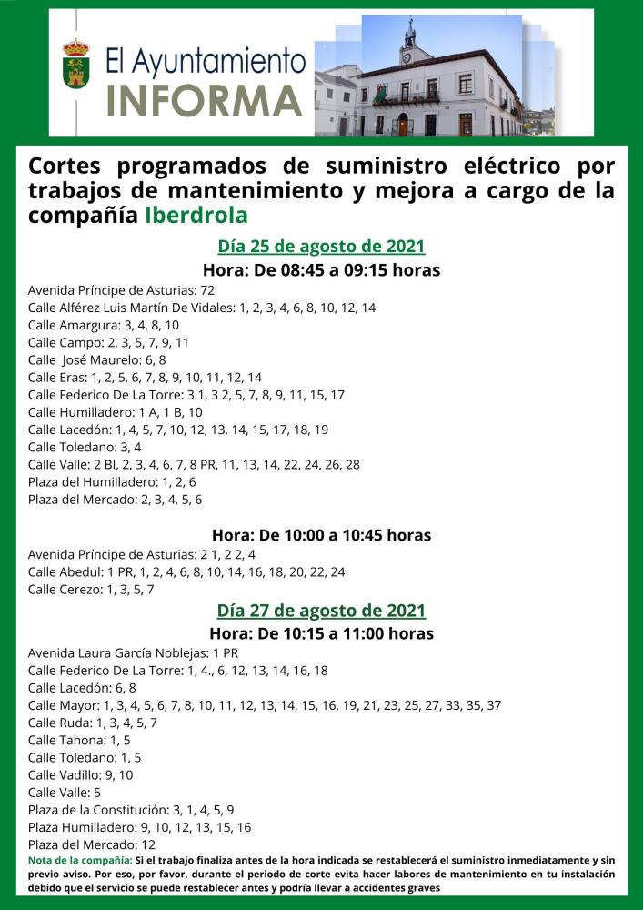  Imagen Cortes programados del suministro eléctrico en diversas calles los días 25 y 27 de agosto