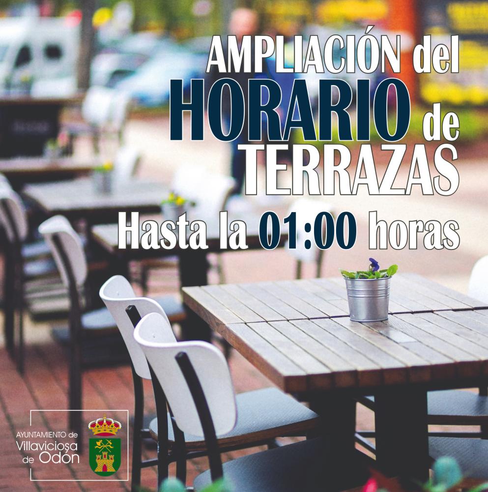  Imagen El Ayuntamiento de Villaviciosa de Odón se acoge la orden de la Comunidad de Madrid para ampliar el horario de las terrazas a la 01:00 de la madrugada
