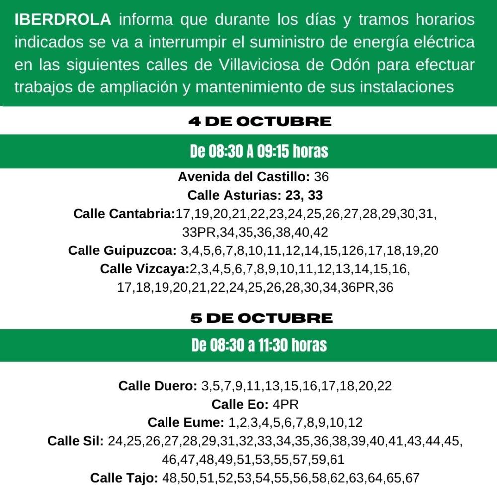  Imagen Iberdrola informa de cortes de suministro eléctrico en varias calles del municipio los días 4 y 5 de octubre