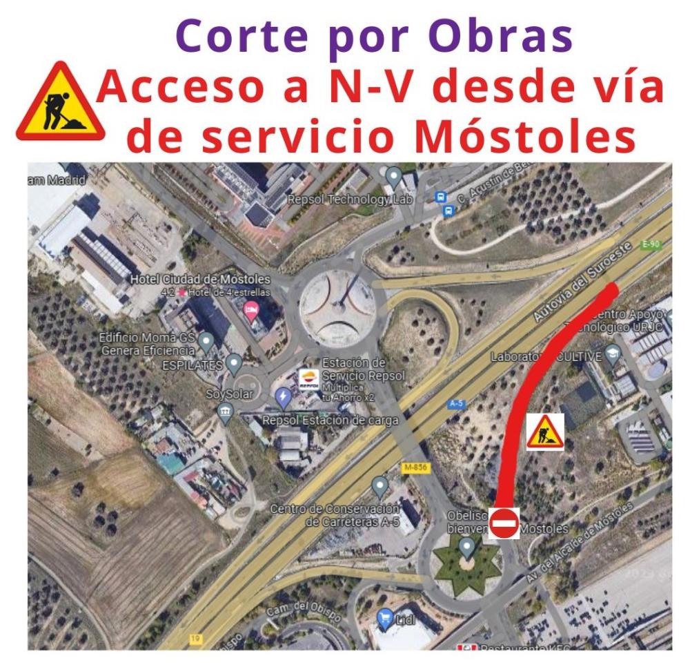  Imagen Corte por obras de la vía de servicio de la Nacional V, sentido Madrid, desde la rotonda de El Soto