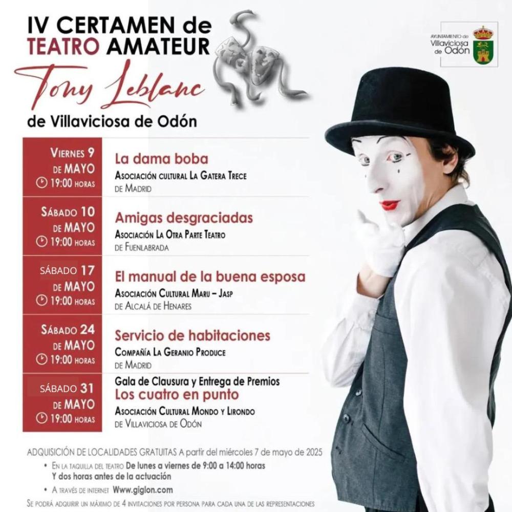 El viernes 9 de mayo comienzan las representaciones del IV Certamen de Teatro Aficionado Tony Leblanc de Villaviciosa de Odón